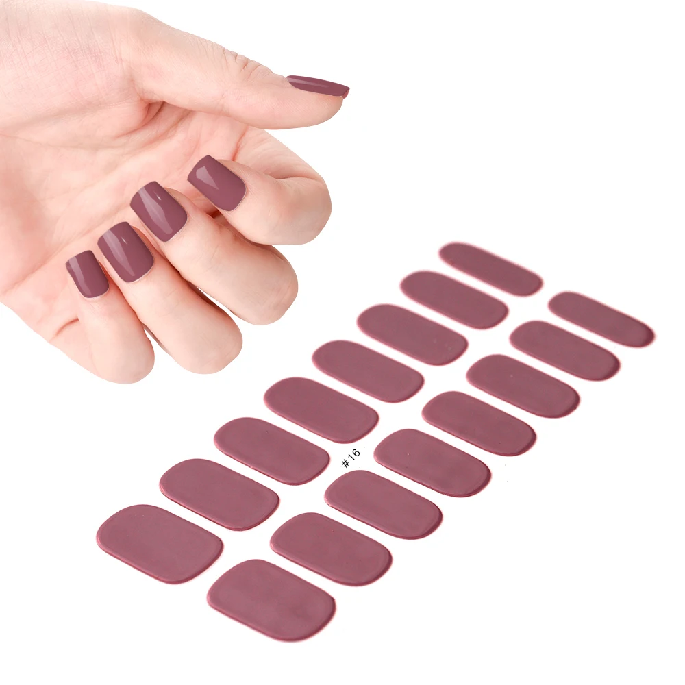 2024# New Semi-Cured Gel Nail Stickers Long-Lasting Solid Color Nail Strips UV Lamp Cured Manicure Gel Decal 16Tips
