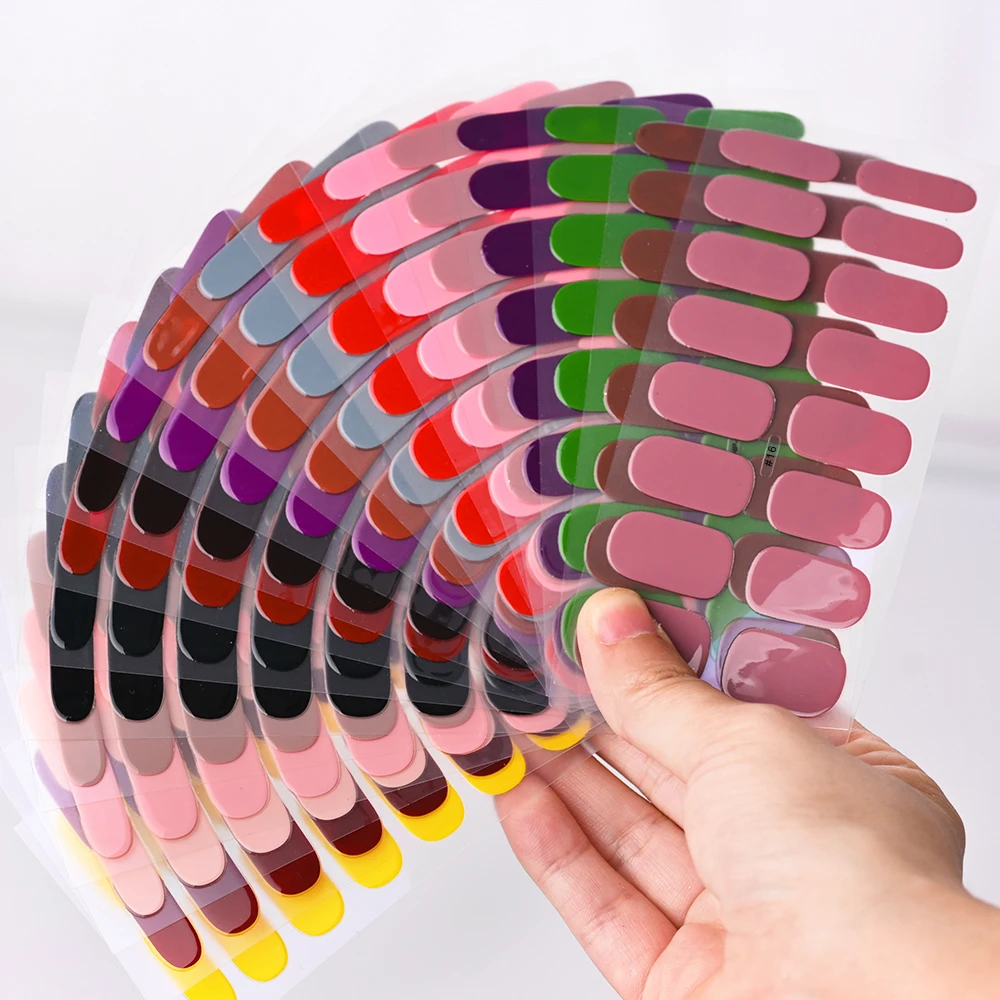 2024# New Semi-Cured Gel Nail Stickers Long-Lasting Solid Color Nail Strips UV Lamp Cured Manicure Gel Decal 16Tips