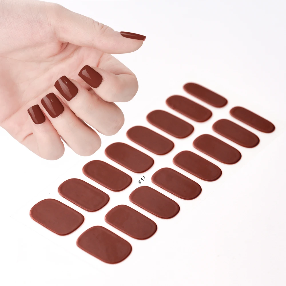 2024# New Semi-Cured Gel Nail Stickers Long-Lasting Solid Color Nail Strips UV Lamp Cured Manicure Gel Decal 16Tips
