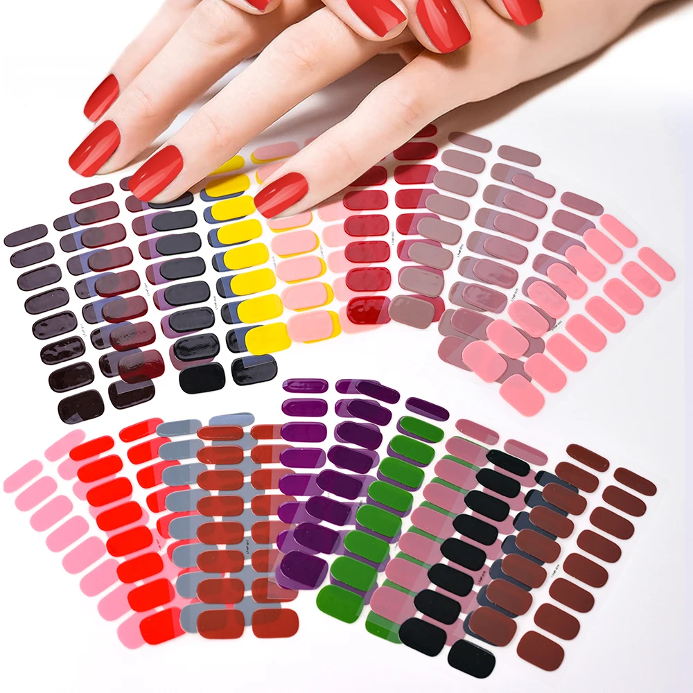 2024# New Semi-Cured Gel Nail Stickers Long-Lasting Solid Color Nail Strips UV Lamp Cured Manicure Gel Decal 16Tips
