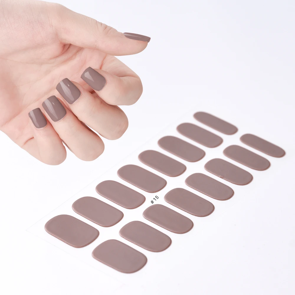 2024# New Semi-Cured Gel Nail Stickers Long-Lasting Solid Color Nail Strips UV Lamp Cured Manicure Gel Decal 16Tips