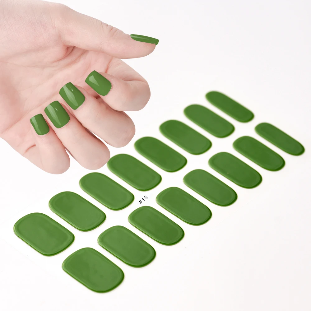 2024# New Semi-Cured Gel Nail Stickers Long-Lasting Solid Color Nail Strips UV Lamp Cured Manicure Gel Decal 16Tips