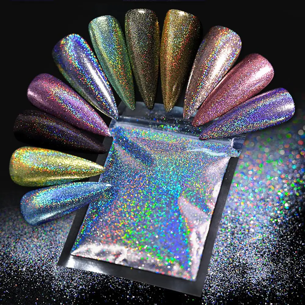 10g/50g 0.2mm Nail Art Laser Chrome Glitter Powder Sparkly Holographic Nail Pigment for Nail Gel Polish Reflective Laser Glitter