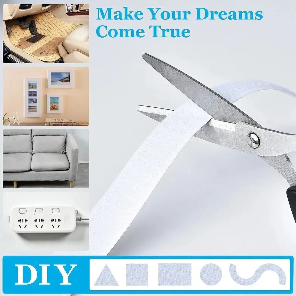 1/2/5M Strong Self Adhesive Fastener Hook and Loop Strips with Glue Double-Side Mounting Tapes for DIY Craft 20-50mm White