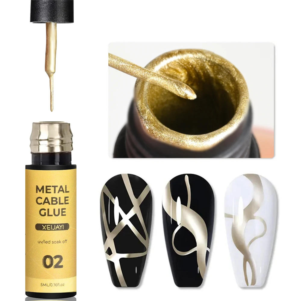 Gold Metallic Painting Nail Gel Liner Polish,3D Metal Mirror Effect Paint Drawing Nail Gel Build-in Brush Soak Off UV Chrome Gel
