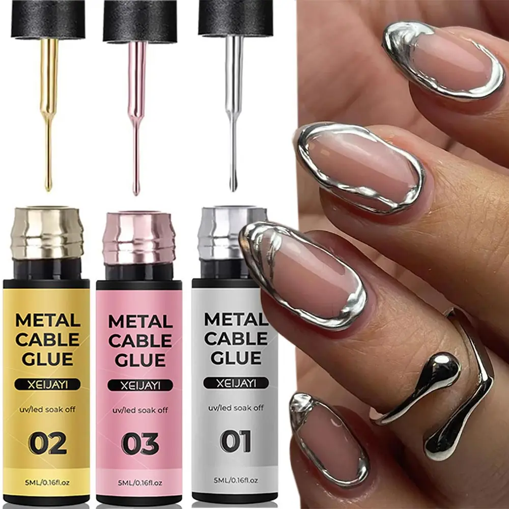 Gold Metallic Painting Nail Gel Liner Polish,3D Metal Mirror Effect Paint Drawing Nail Gel Build-in Brush Soak Off UV Chrome Gel
