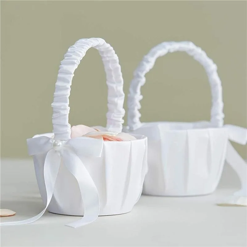 20cm White Girls Flower Basket Silk Wedding Basket for Flower Bride Girls Kids Hand Held Wedding Ceremony Party Decorations