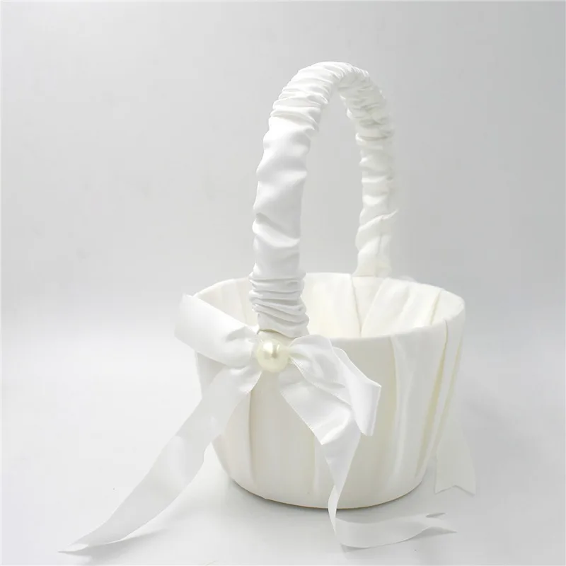 20cm White Girls Flower Basket Silk Wedding Basket for Flower Bride Girls Kids Hand Held Wedding Ceremony Party Decorations