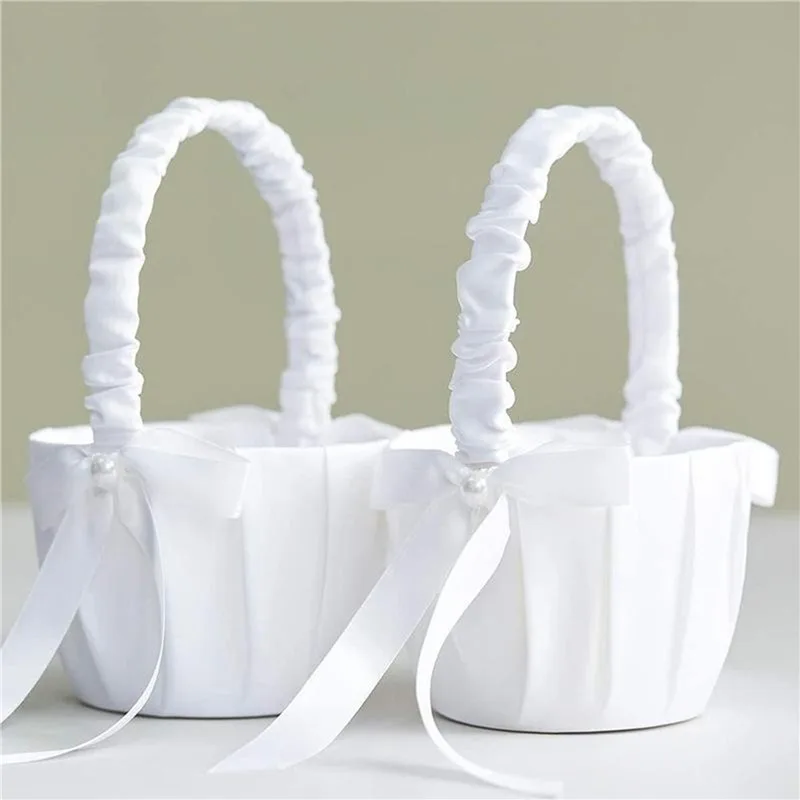 20cm White Girls Flower Basket Silk Wedding Basket for Flower Bride Girls Kids Hand Held Wedding Ceremony Party Decorations