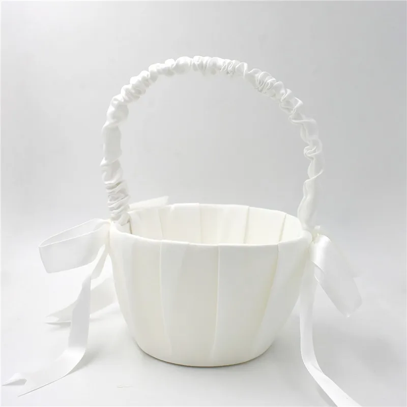 20cm White Girls Flower Basket Silk Wedding Basket for Flower Bride Girls Kids Hand Held Wedding Ceremony Party Decorations