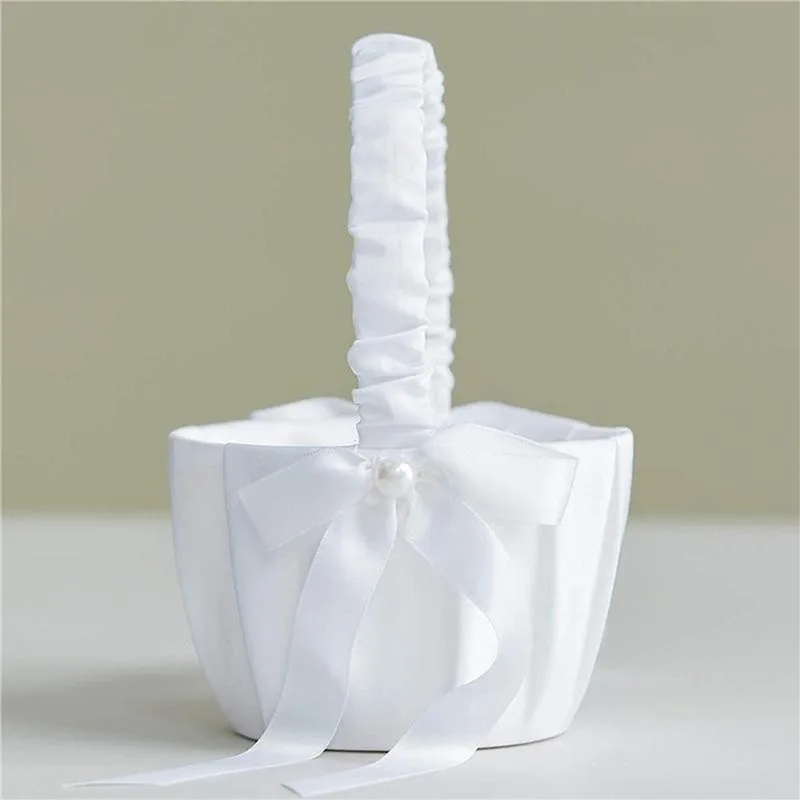 20cm White Girls Flower Basket Silk Wedding Basket for Flower Bride Girls Kids Hand Held Wedding Ceremony Party Decorations