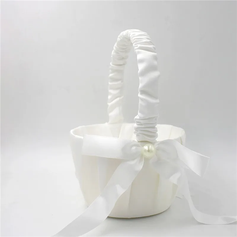 20cm White Girls Flower Basket Silk Wedding Basket for Flower Bride Girls Kids Hand Held Wedding Ceremony Party Decorations