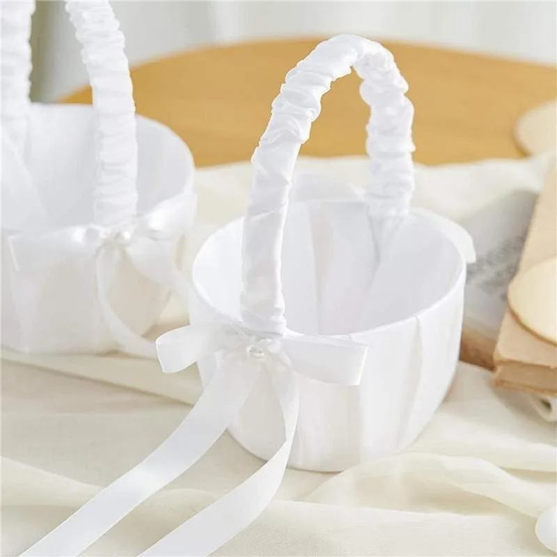 20cm White Girls Flower Basket Silk Wedding Basket for Flower Bride Girls Kids Hand Held Wedding Ceremony Party Decorations