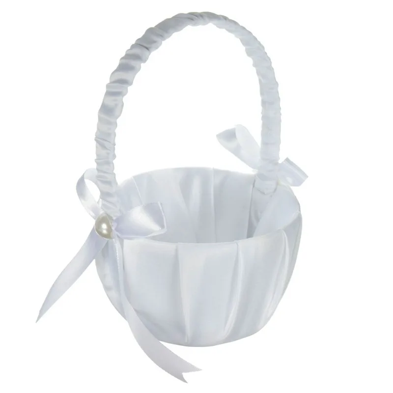 20cm White Girls Flower Basket Silk Wedding Basket for Flower Bride Girls Kids Hand Held Wedding Ceremony Party Decorations