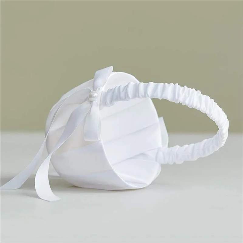 20cm White Girls Flower Basket Silk Wedding Basket for Flower Bride Girls Kids Hand Held Wedding Ceremony Party Decorations