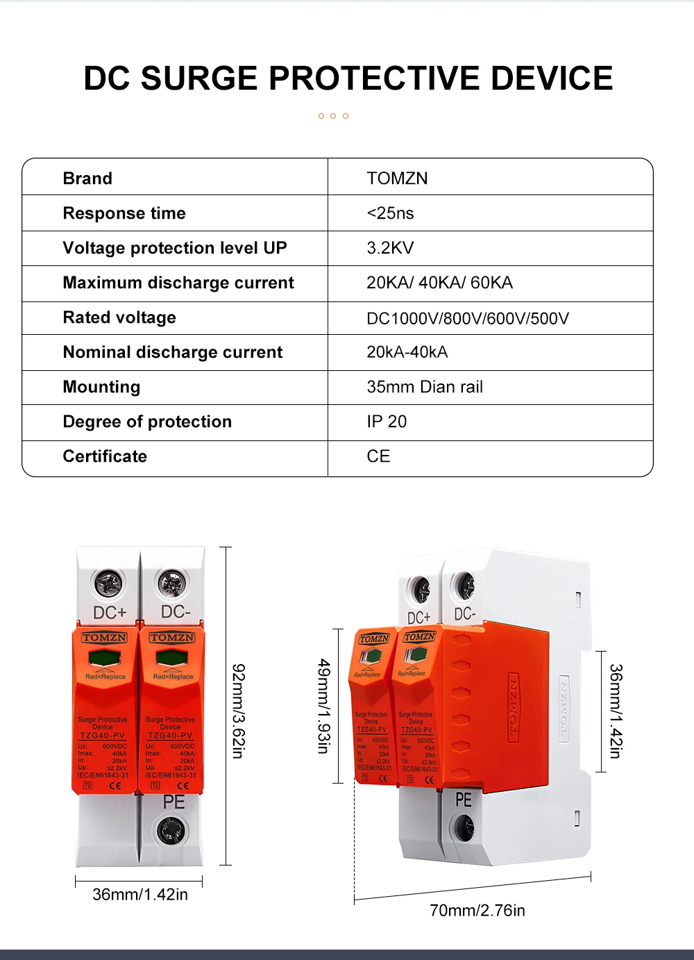 TOMZN SPD DC 1000V 800V 600V 500V 10kA~20kA 20kA~40kA House Surge Protector Protective Low-voltage Arrester Device PV OBO