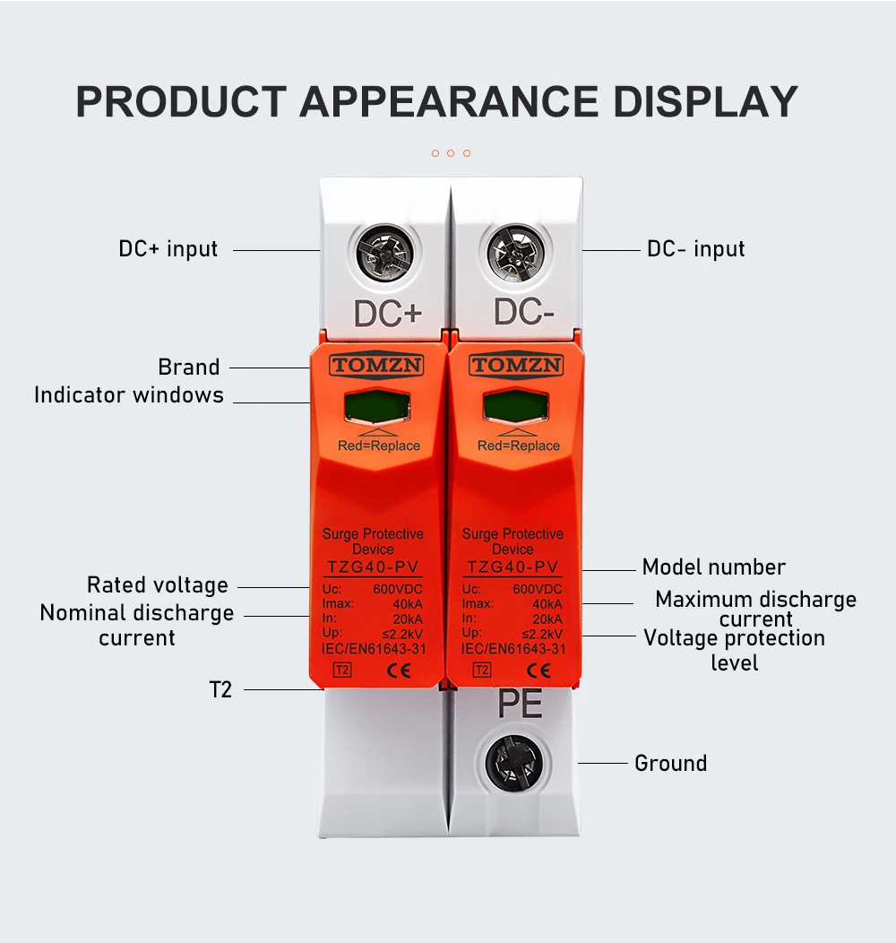 TOMZN SPD DC 1000V 800V 600V 500V 10kA~20kA 20kA~40kA House Surge Protector Protective Low-voltage Arrester Device PV OBO