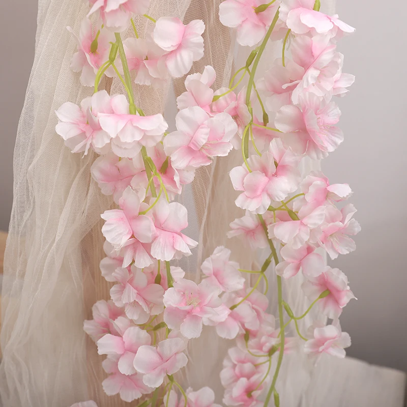 Artificial Sakura Flowers Vine Hanging Fake Floral Garland Home Garden Wedding Arch Party Cherry Blossom Wall Decor Arrangement