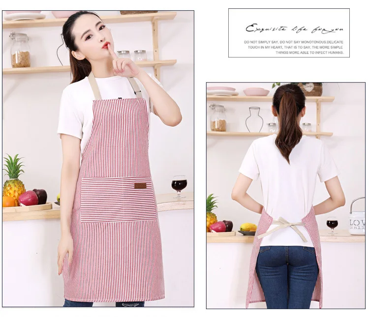 White Black Striped Man Woman Home Restaurant Kitchen Baking Nail Bib Oil Repellent Work Apron 2 Pockets Adjustable Clean Apron