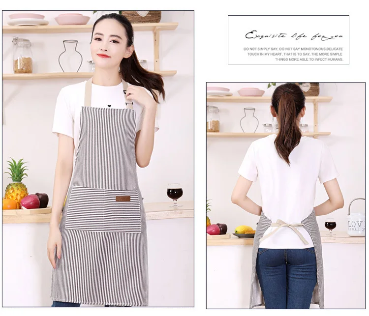White Black Striped Man Woman Home Restaurant Kitchen Baking Nail Bib Oil Repellent Work Apron 2 Pockets Adjustable Clean Apron