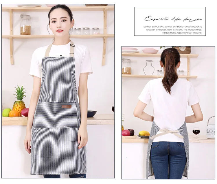 White Black Striped Man Woman Home Restaurant Kitchen Baking Nail Bib Oil Repellent Work Apron 2 Pockets Adjustable Clean Apron