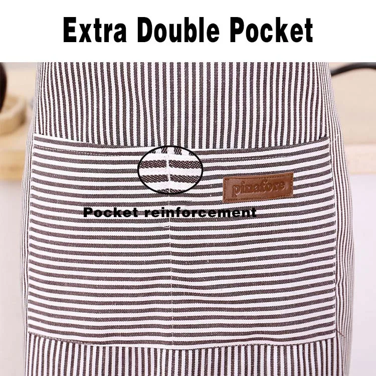White Black Striped Man Woman Home Restaurant Kitchen Baking Nail Bib Oil Repellent Work Apron 2 Pockets Adjustable Clean Apron