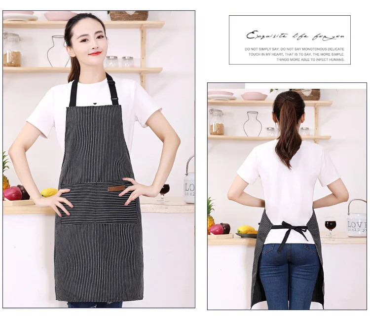 White Black Striped Man Woman Home Restaurant Kitchen Baking Nail Bib Oil Repellent Work Apron 2 Pockets Adjustable Clean Apron