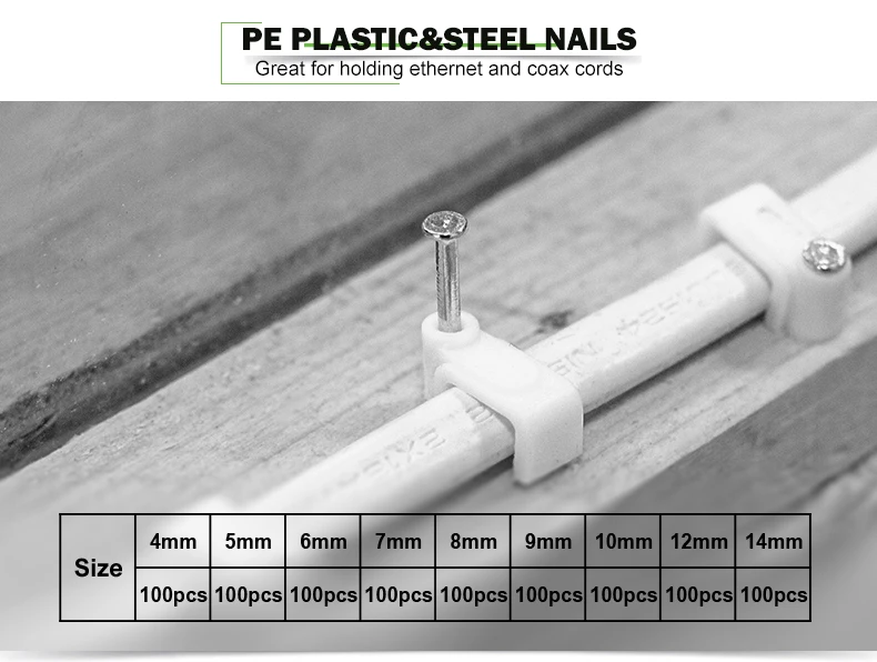 100PCS Flat Nail Clip Cable Clips  4mm/6mm/7mm/8mm/9mm/10mm/12mm/14mm Wire Management Electrical Cord Tie Holder Cable Clips