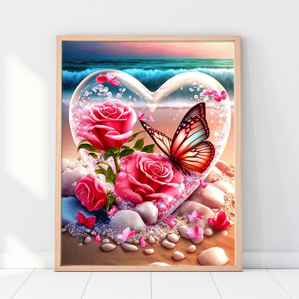 Butterfly Diamond Mosaic Rose Full Round Diamond Painting Seaside Heart Handicrafts 30x40cm