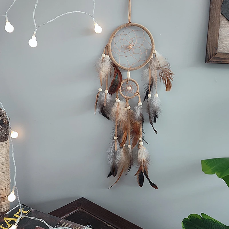 1 Pc Indian Dream Catcher with Brown Feathers - Wall Hanging Dream Catcher Bedroom Accessories - Wind Chime Dream Catcher