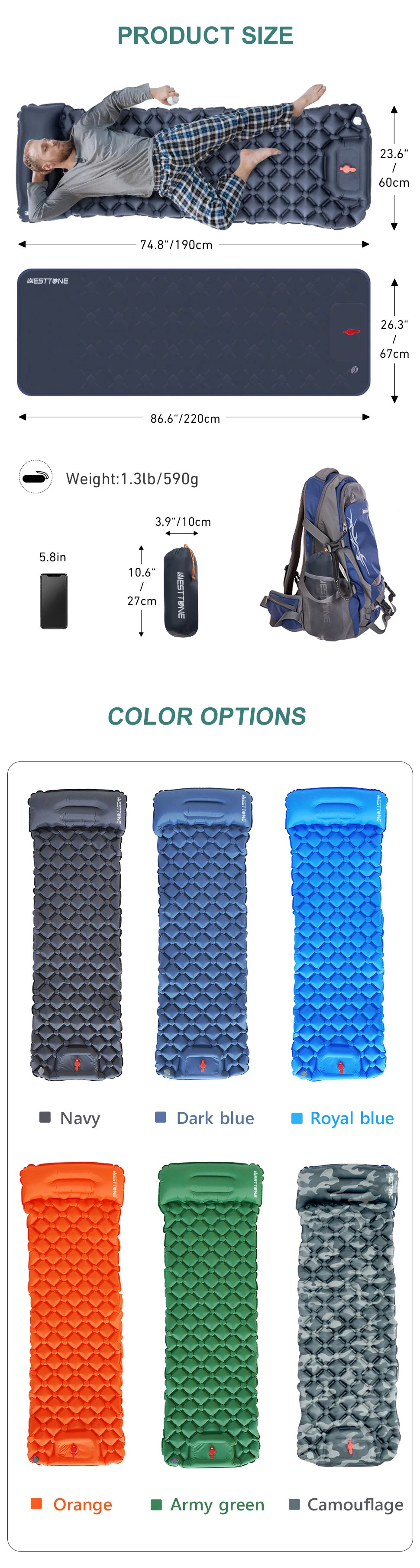 WESTTUNE Camping Inflatable Mattress Ultralight Outdoor Sleeping Pad with Pillow Built-in Pump Air Mat for Backpacking Hiking