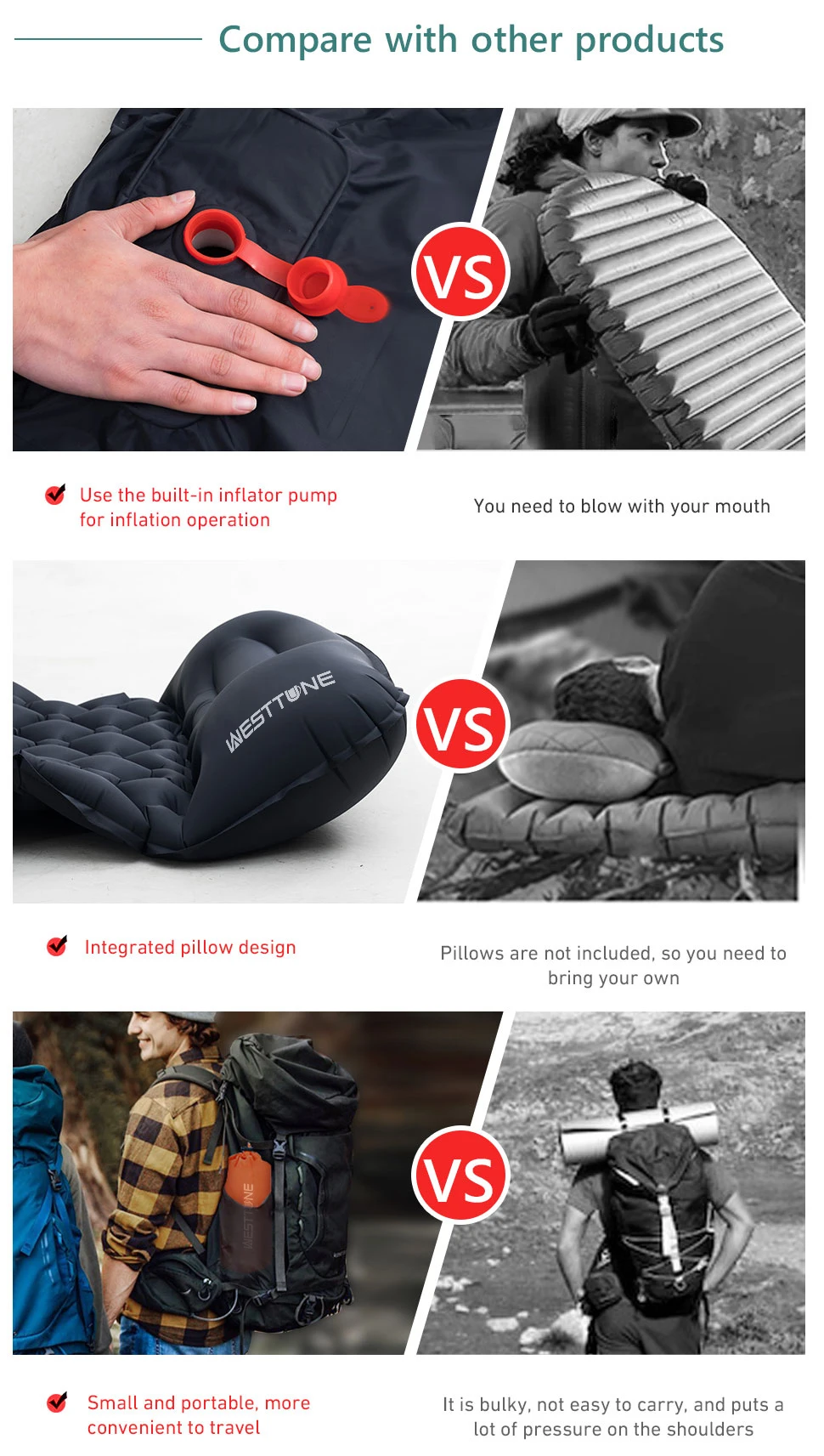 WESTTUNE Camping Inflatable Mattress Ultralight Outdoor Sleeping Pad with Pillow Built-in Pump Air Mat for Backpacking Hiking