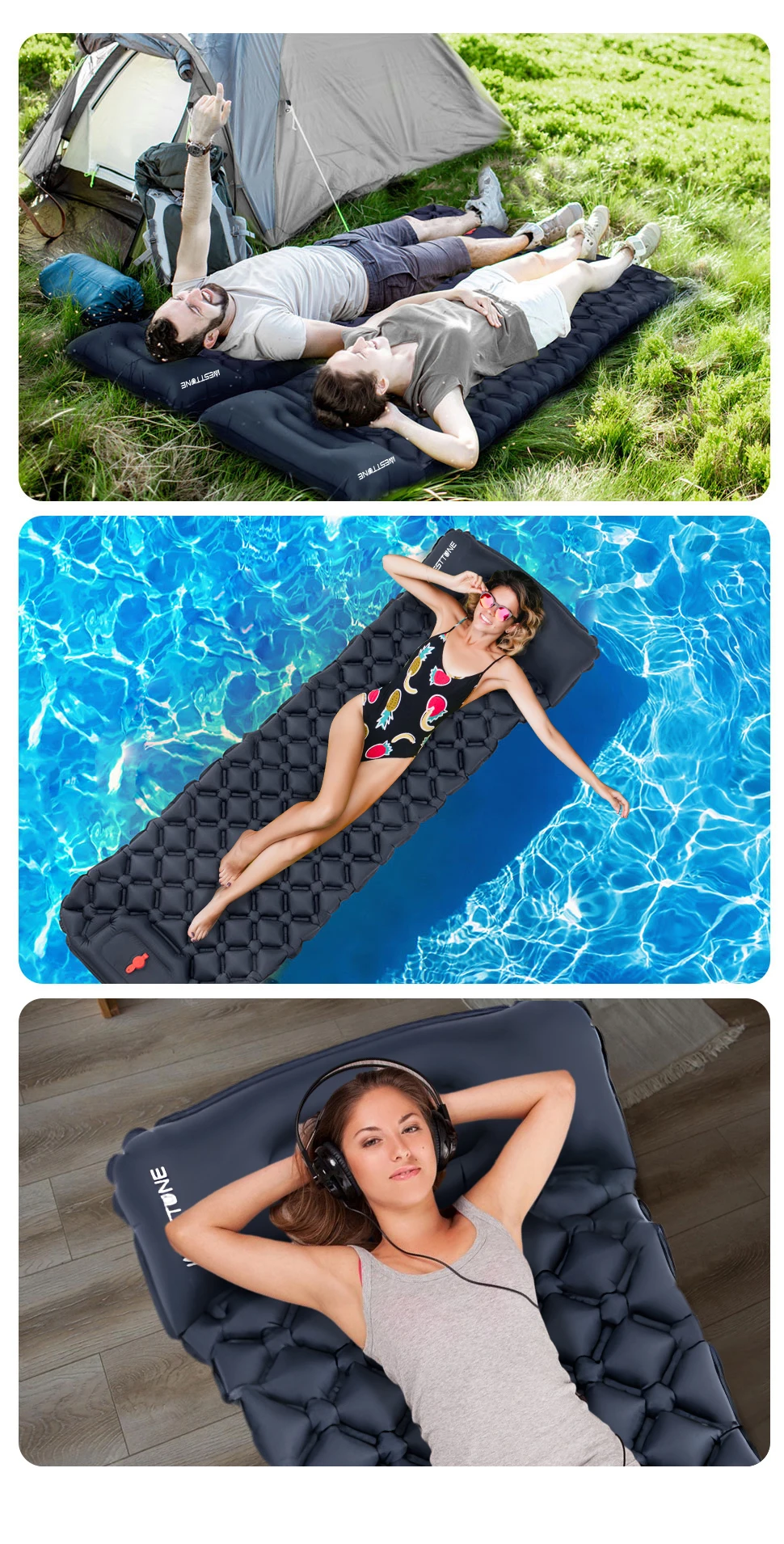 WESTTUNE Camping Inflatable Mattress Ultralight Outdoor Sleeping Pad with Pillow Built-in Pump Air Mat for Backpacking Hiking