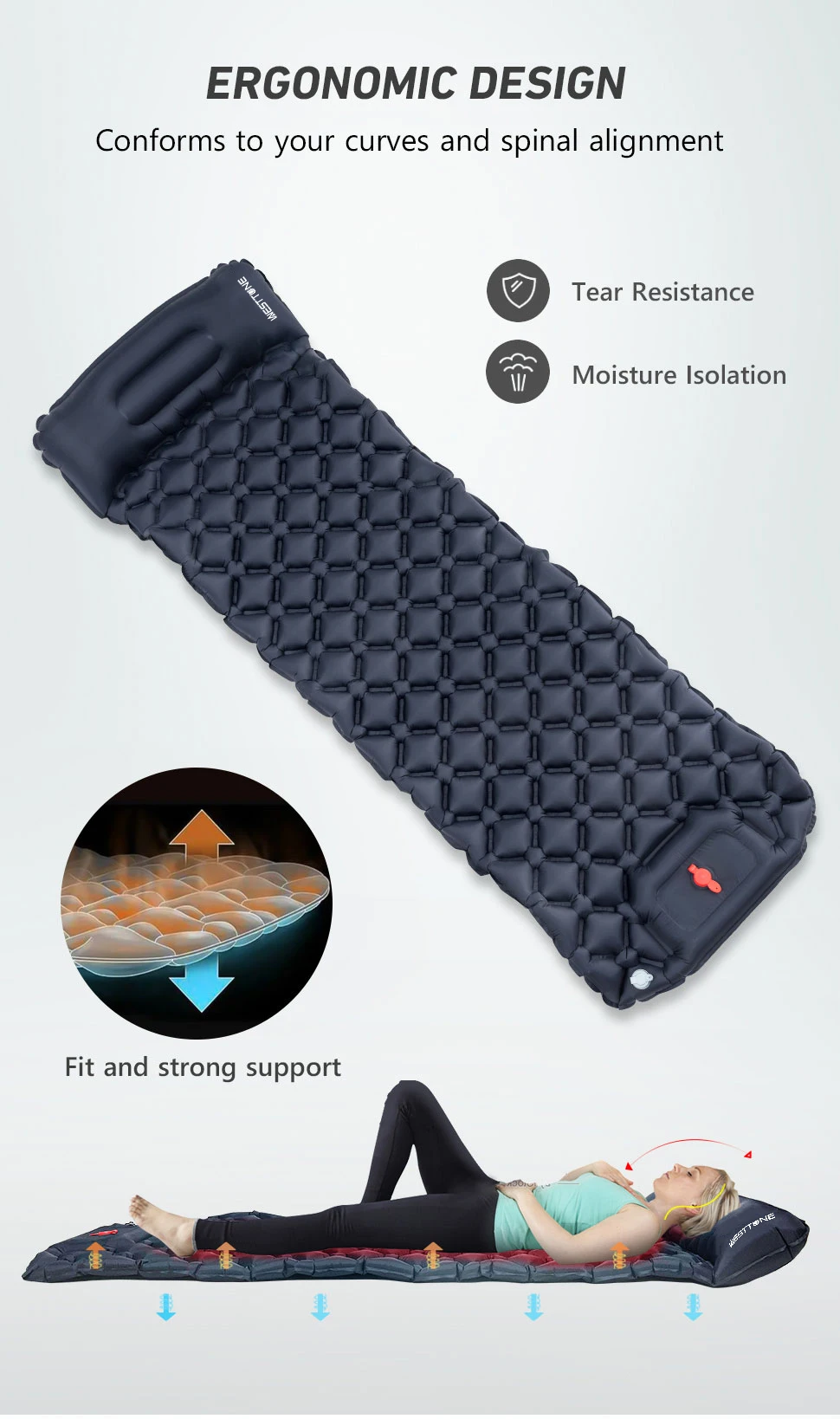 WESTTUNE Camping Inflatable Mattress Ultralight Outdoor Sleeping Pad with Pillow Built-in Pump Air Mat for Backpacking Hiking