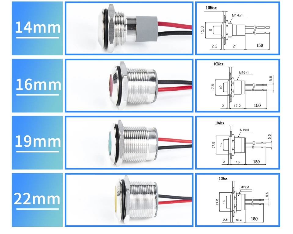 6mm 8mm 10mm 12mm 14mm Metal LED Warning Indicator Light Signal Lamp Pilot Wire 3-6 12-24 220V Waterproof IP65 Red Green Blue