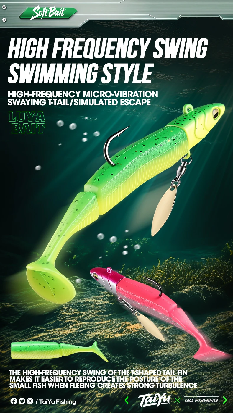 TAIYU Jig Head Soft Fishing Lures 21g T-tail Silicone Lure Wobblers Metal Spinner Spoon Bait For Pike Trout Bass Fishing Tackle