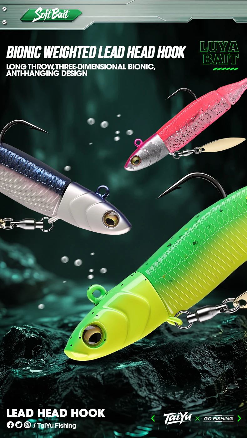 TAIYU Jig Head Soft Fishing Lures 21g T-tail Silicone Lure Wobblers Metal Spinner Spoon Bait For Pike Trout Bass Fishing Tackle