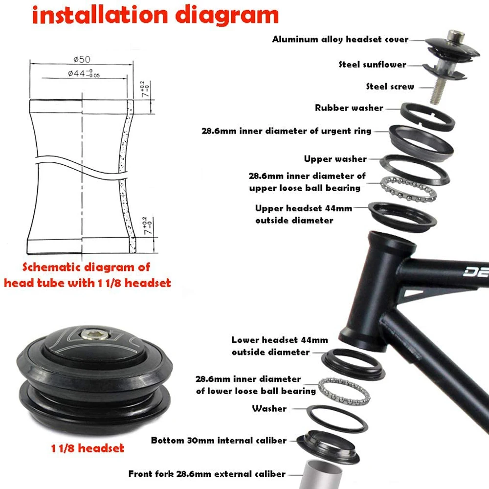Bicycle Fork Durable MTB Bike Alloy 44mm Road Bike Bike External Headset Head-Tube 1 1/8" Bike Threadless Headset