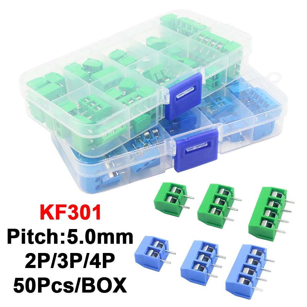 50Pcs/BOX Green Blue Pitch 5.0mm Straight Pin 2P 3P Screw PCB Terminal Block Connector 10A 300V 24-18AWG