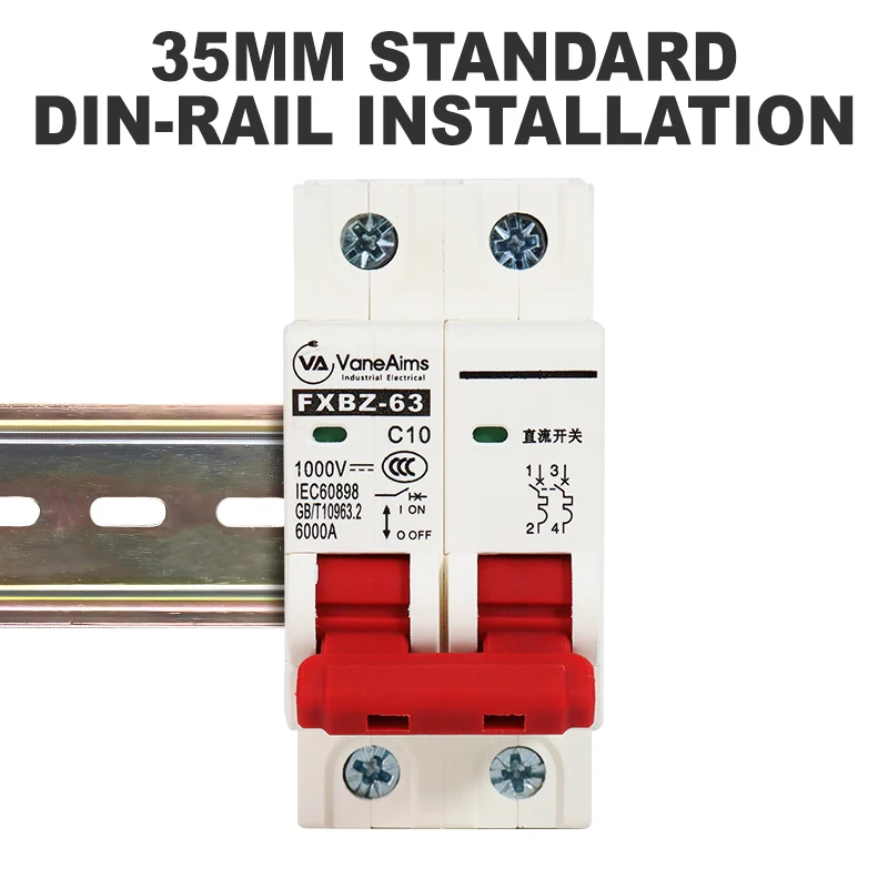 2P DC 1000V Solar Circuit Breaker 6A 10A 20A 25A 32A 40A 50A 63A DC1000v PV MCB Din Rail Battery Switch for Photovoltaic System