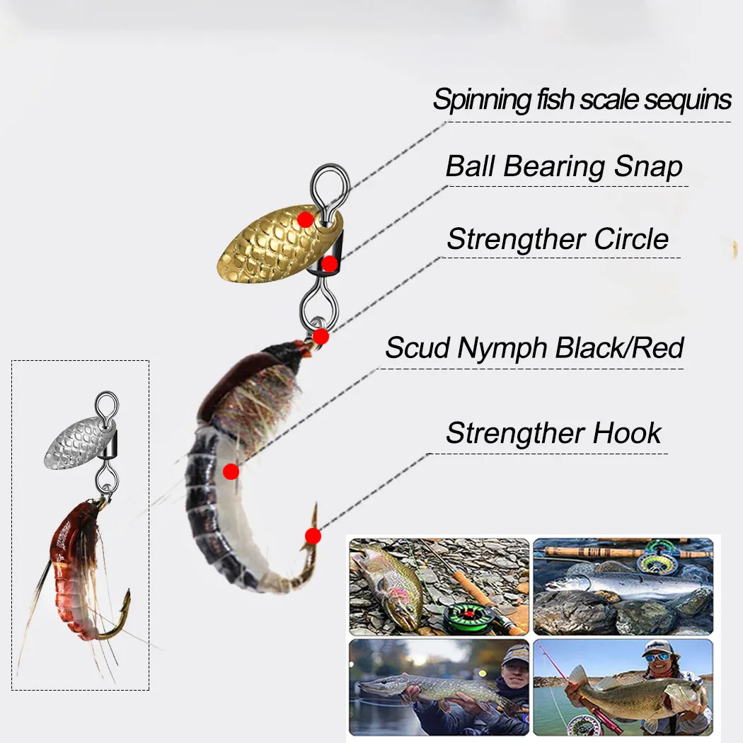 6Pcs Spinner Sequin Scud Nymph Scud Lure Fly for Trout Fishing Artificial Insect Bait Simulated Scud Worm Realistic Fishing L
