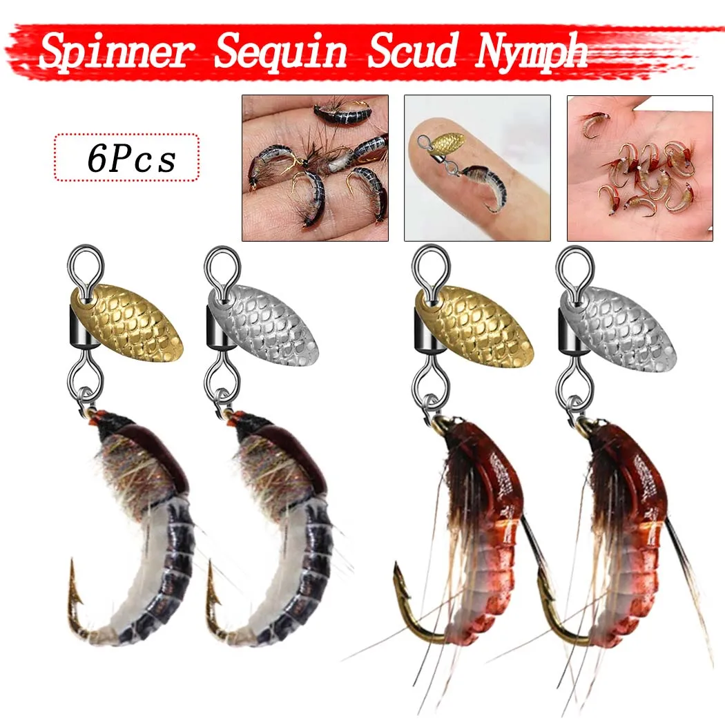 6Pcs Spinner Sequin Scud Nymph Scud Lure Fly for Trout Fishing Artificial Insect Bait Simulated Scud Worm Realistic Fishing L
