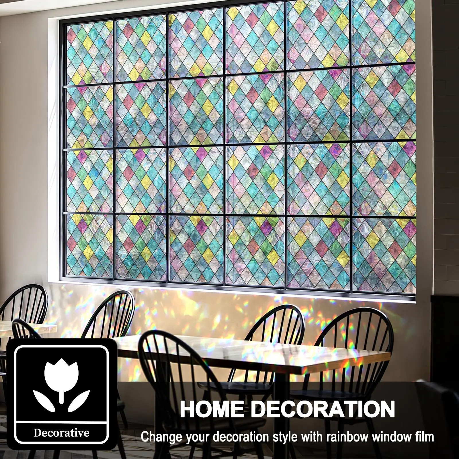 Stained Glass Window Film, Window Privacy Films, Colorful Lattice Window Tint, Rainbow Glass Decals Stickers for Home Anti UV