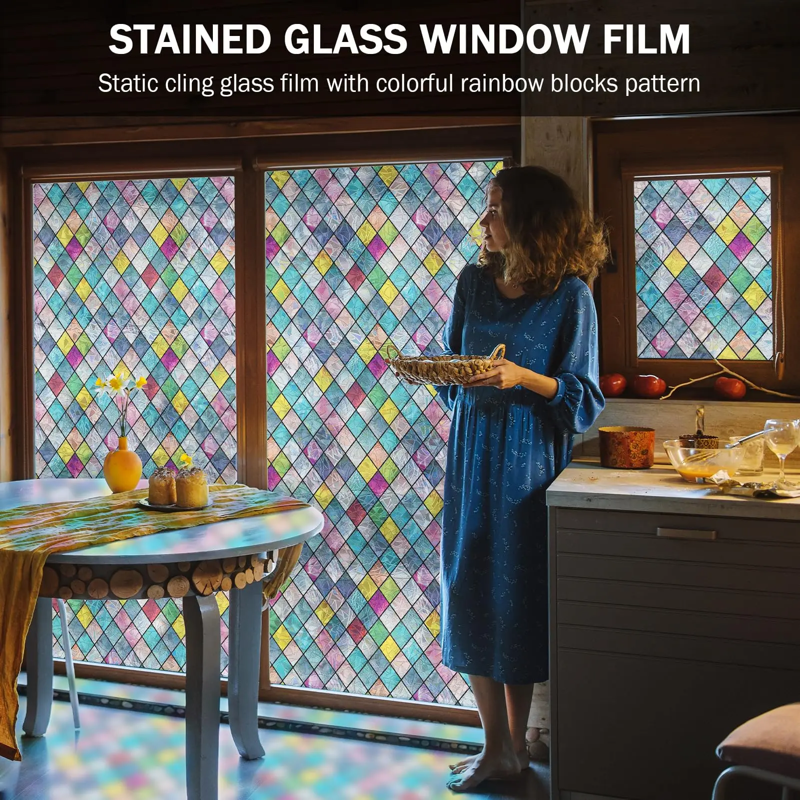 Stained Glass Window Film, Window Privacy Films, Colorful Lattice Window Tint, Rainbow Glass Decals Stickers for Home Anti UV