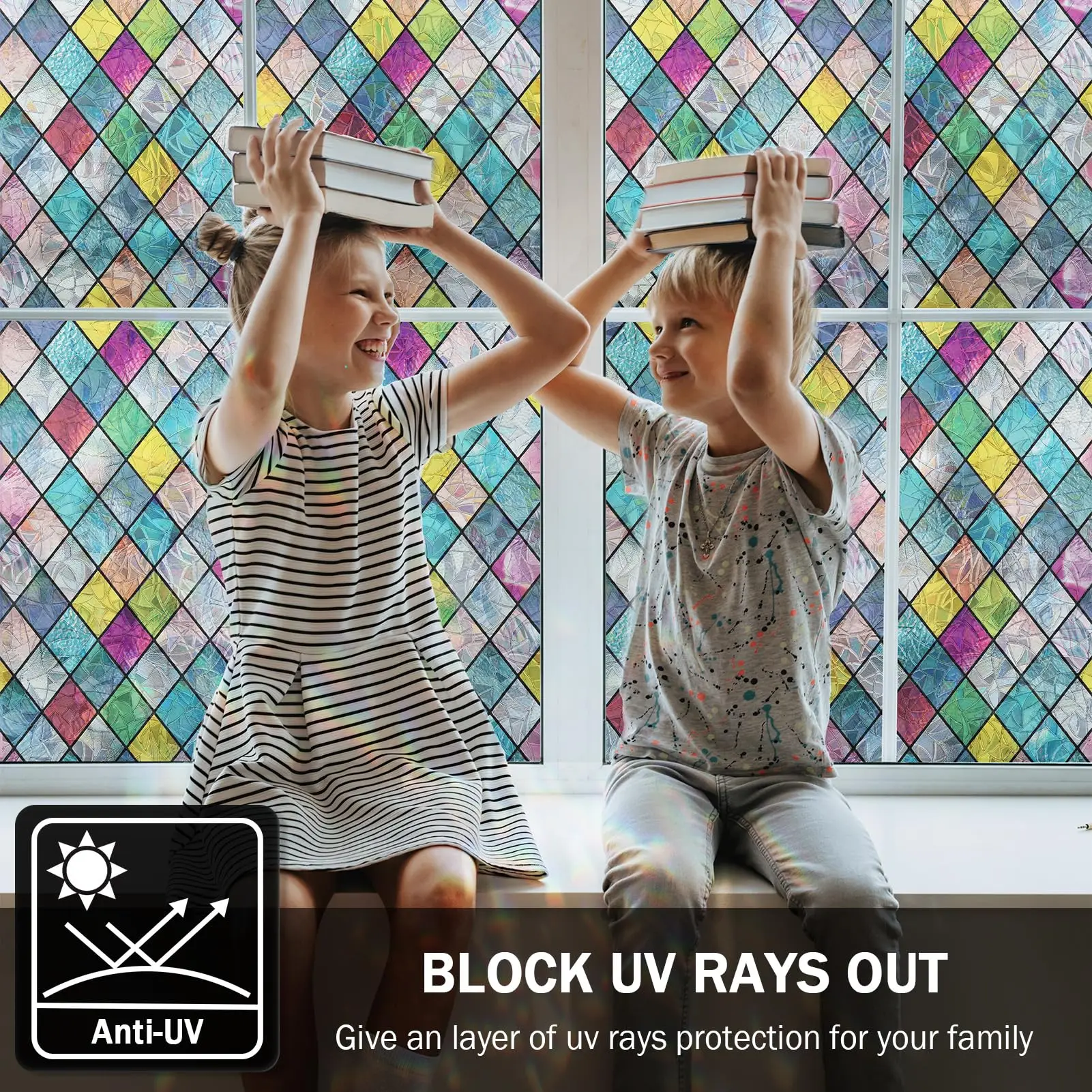 Stained Glass Window Film, Window Privacy Films, Colorful Lattice Window Tint, Rainbow Glass Decals Stickers for Home Anti UV