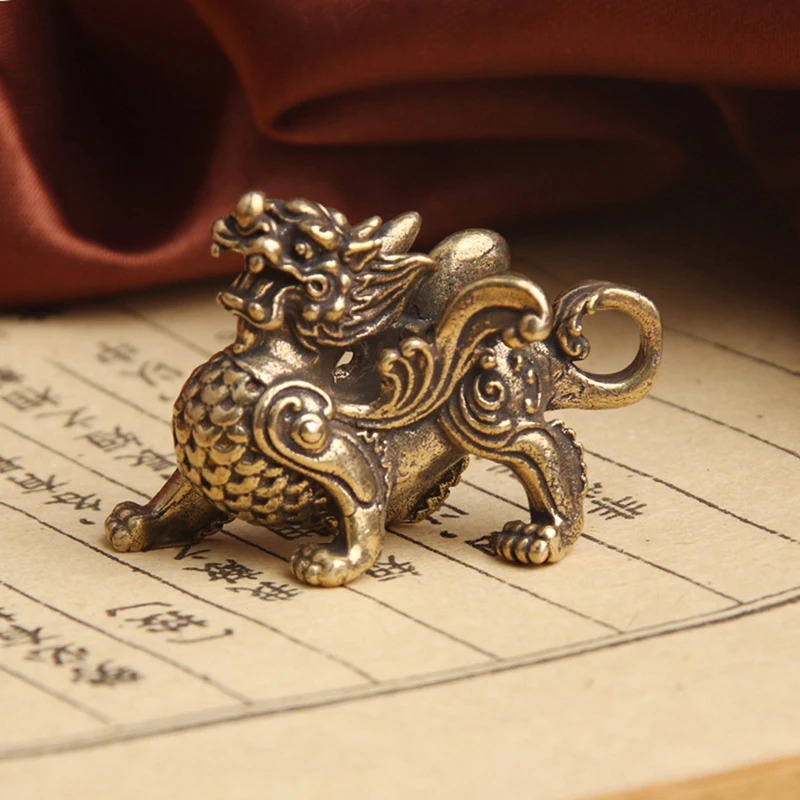 Kirin Feng Shui Ornament Pure Copper Unicorn Pendant Statue Figurine Kylinsculpture Wealth Brass Decor Chinese Pi Ornament