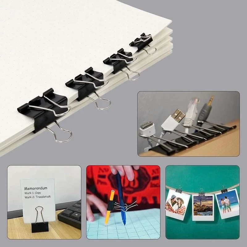 30/20/15/10/5Pcs Binder Clips Black Foldback Clips 15/19/25/32/41/51mm Office Clip Paper Clips for Home School Office Storage
