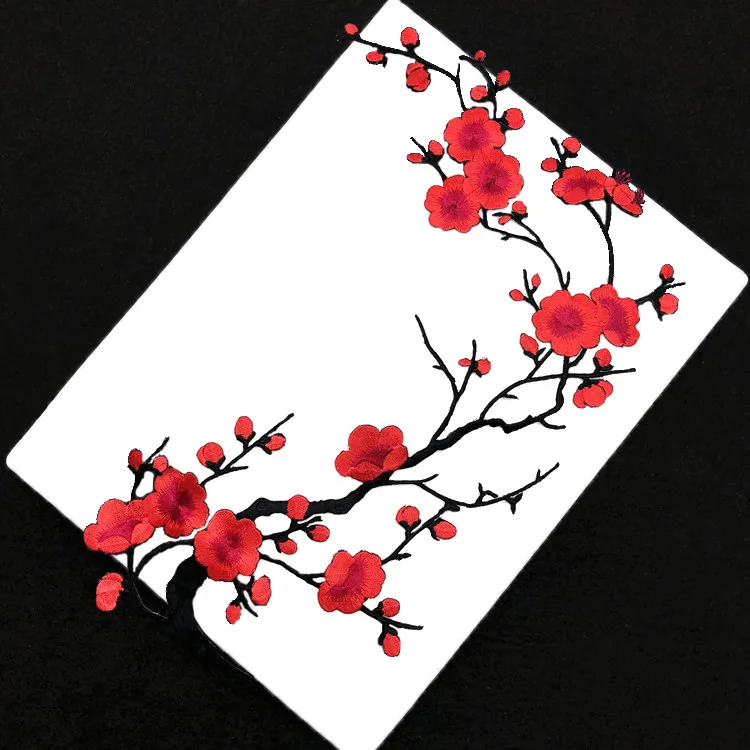 31*22CM Plum Blossom Flowers Embroidery Applique Iron-On Patches,Fabric Sticker Sew on Patch for Clothes Iron Glue,Fashion Dress