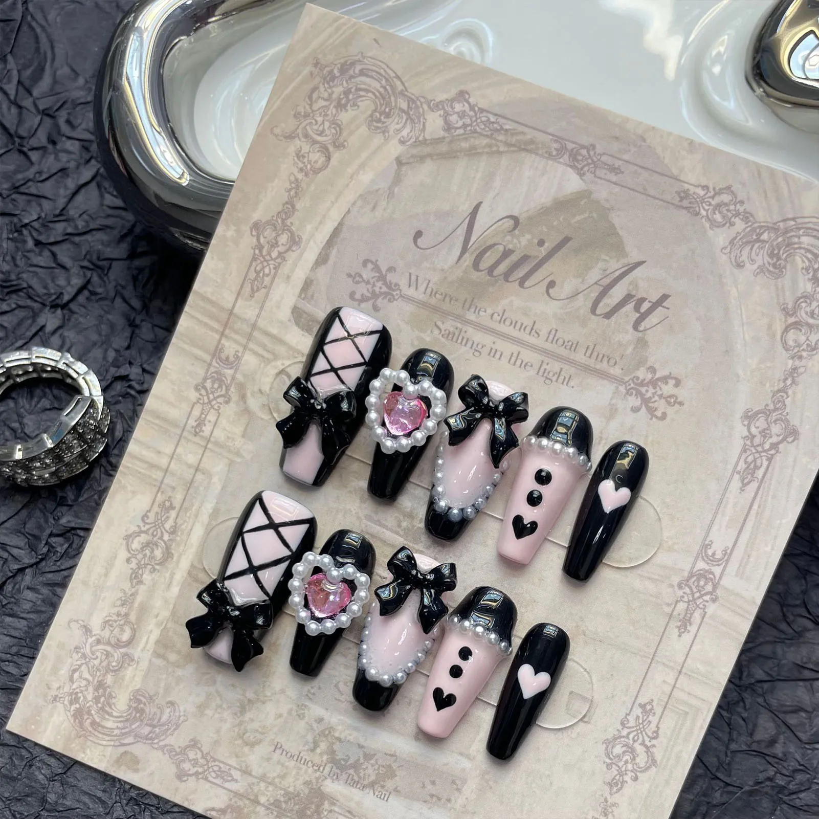 10pcs Handmade Pink Black Heart False Nails With 3D Bows Decor Y2k Press On Nails Long Ballerina Coffin Fake Nails For Hot Girl