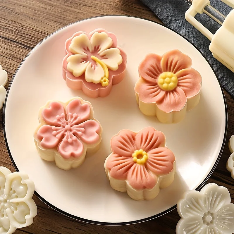 Mooncake Press Molds, Mid Autumn Festival Mooncake Mold Set 50g Flower Moon Cake Mold with 4Pcs Stamps